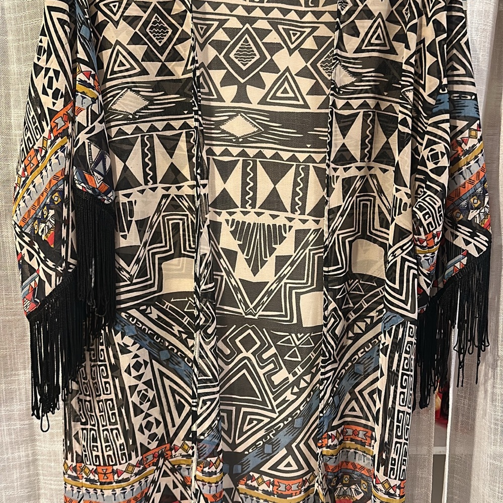 Geometric Patterned Kimono with Fringe